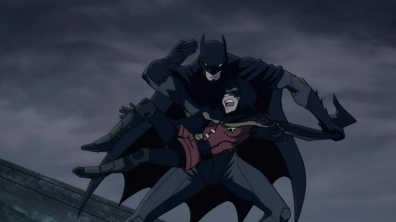 Bruce Wayne lutando contra Damian Wayne em filme animado
