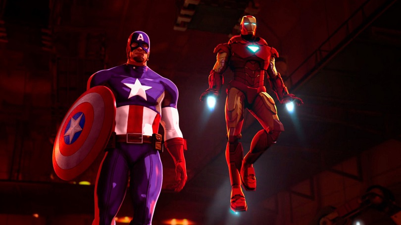 Steve Rogers e Tony Stark em Homem de Ferro e Capitão América: Super-Heróis Unidos