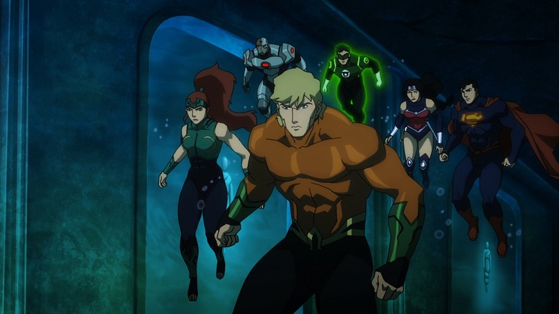 Aquaman, Mera, Ciborgue, Lanterna Verde, Mulher-Maravilha e Superman