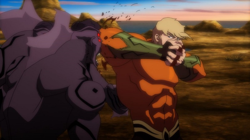Aquaman em cena de luta em Liga da Justiça: Trono de Atlântida