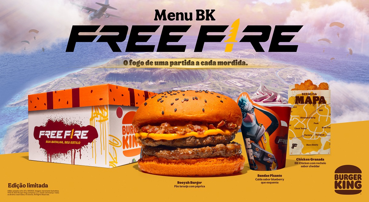 O Burger King lança também o combo Free Fire, composto pelo Booyah Burger, o Sundae Pisante e o Chicken Granada.